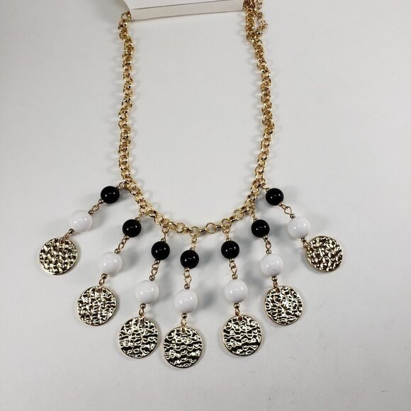 Gold Hammered Disc Charm Necklace w/ Black & White Beads – 22" Statement Jewelry - Picture 7 of 11